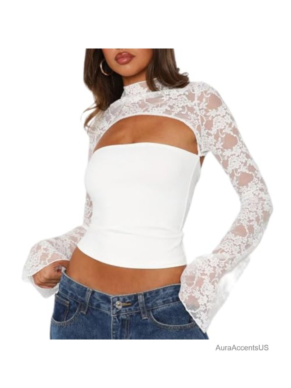 Women's Sexy Lace Long Sleeve V-Neck Crop Top Y2K Going Out Tee